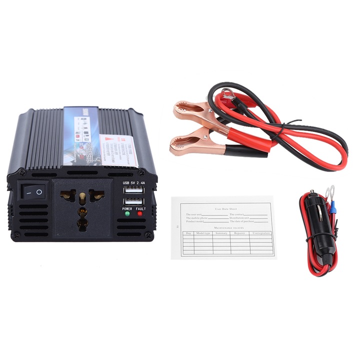 Inverter 12V 110V 500W Jormftte, fém, hűtőventilátor, kempingezéshez