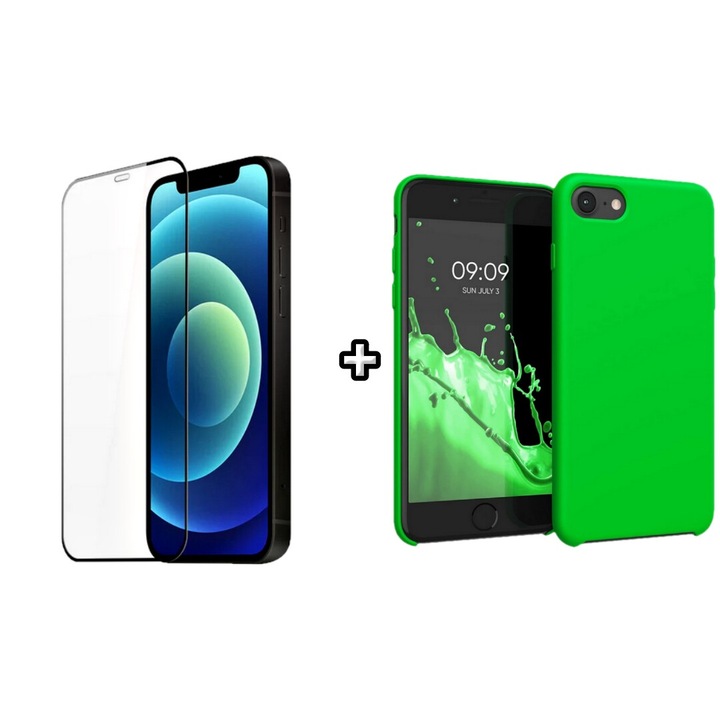 Set Husa Silicon plus Folie din silicon transparenta compatibila cu Apple iPhone 7 Plus, verde neon, HQM Protection