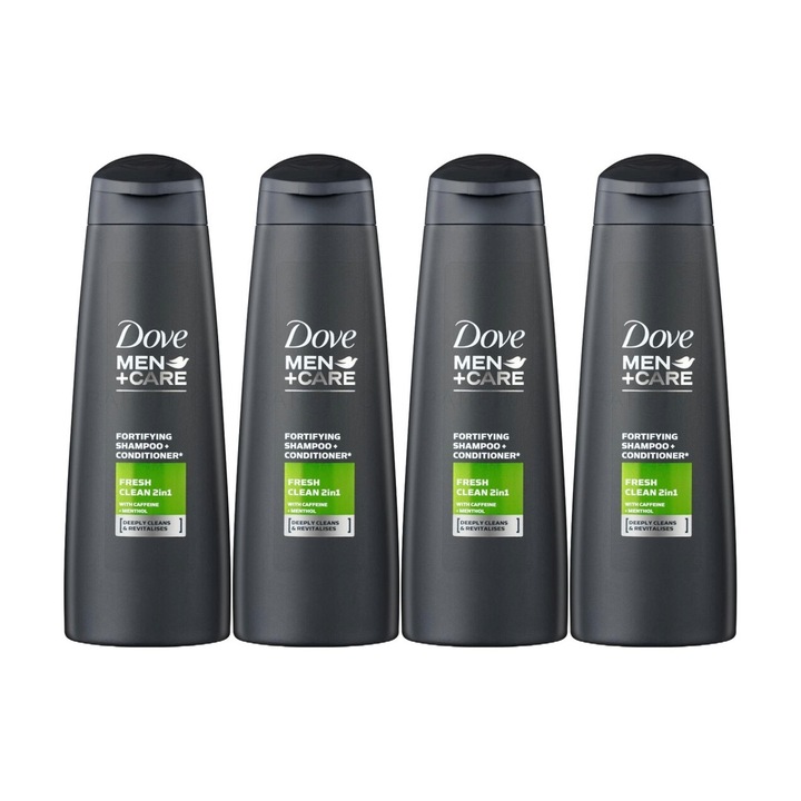 Set 4 x Dove sampon 250ml men 2in1 fresh clean, curatare eficienta, hidratare intensa, aplicare usoara, previne iritatiile, prospetime de lunga durata, testat dermatologic
