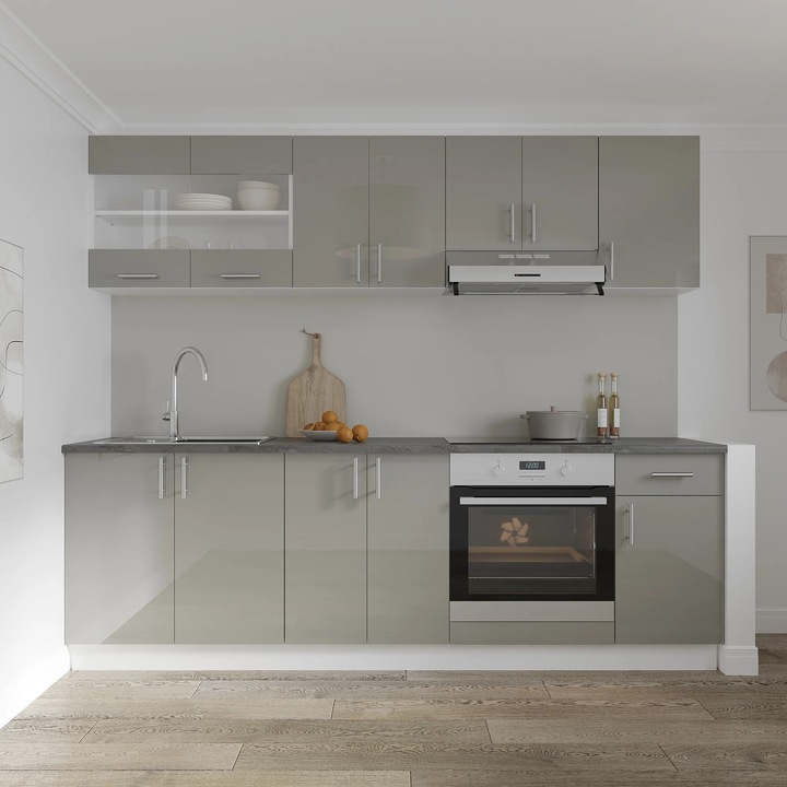 Set Bucatarie haaus Karo V15, Gri Lucios/Alb, MDF, Blat Thermo 28 mm, L 240 cm
