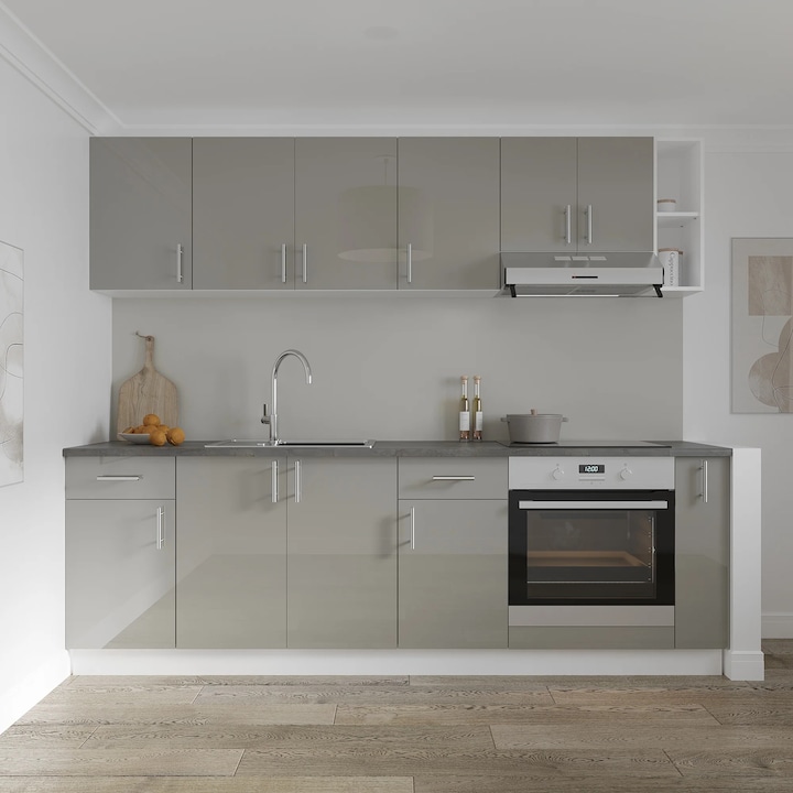 Set Bucatarie haaus Karo V17, Gri Lucios/Alb, MDF, Blat Thermo 28 mm, L 240 cm