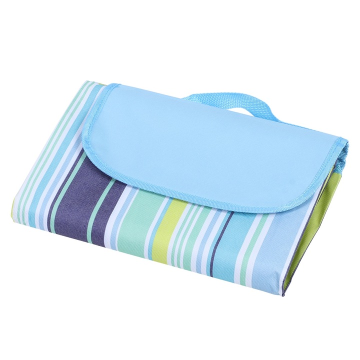 Преносима постелка за пикник, longziming, материал Oxford, водоустойчива, 145x180 см, светлосини ивици