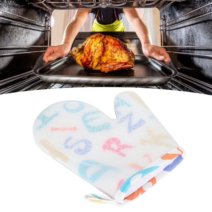 Szigetelő kesztyű, hosszú cipzáras, szilikon + pamut, magas hőmérsékletnek ellenálló, 22,5x18cm