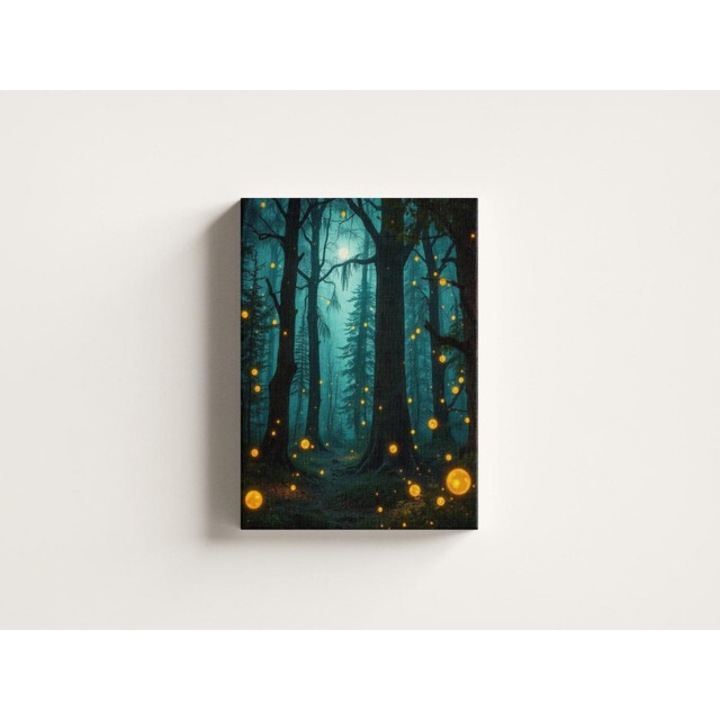 Картина на платно - Светещи светлини в гората през нощта - 30x50 см