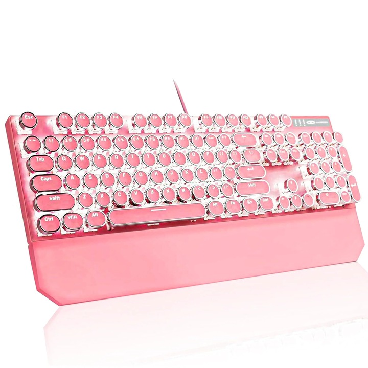 Tastatura Mecanica Gaming Timebox, iluminare LED, 104 taste low key, cu fir si Wrist Rest Magnetic Detasabil, Blue Switch, Design Ergonomic pentru birou. Windows, Mac, Roz
