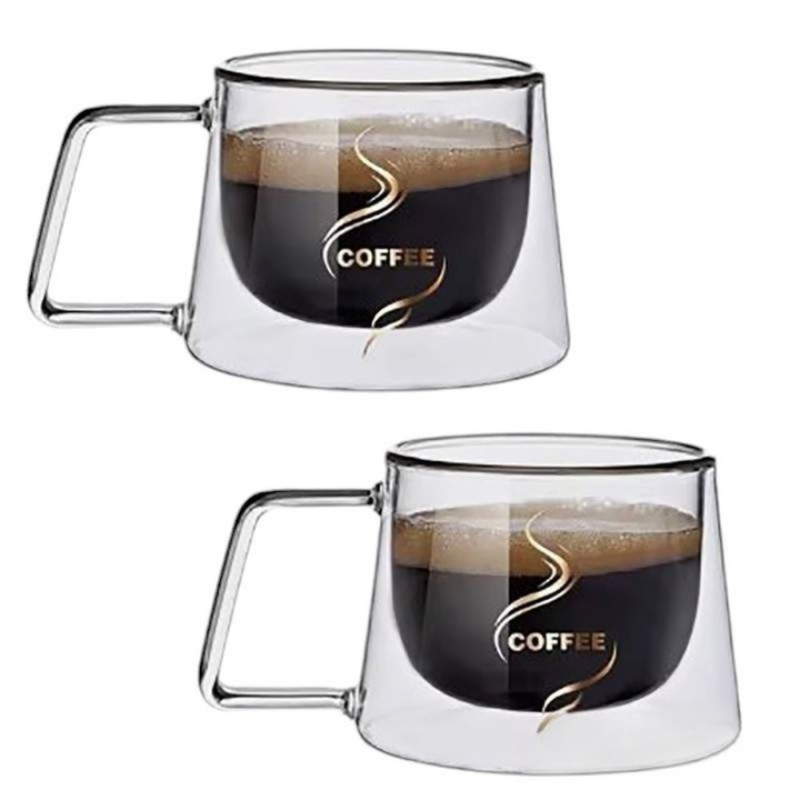 Set 2 Cani Din Sticla SIKS, Cu Pereti Dubli, Termorezistente, Pentru Ceai, Cafea, Latte, Cappuccino, Capacitate 200 ML, Transparent