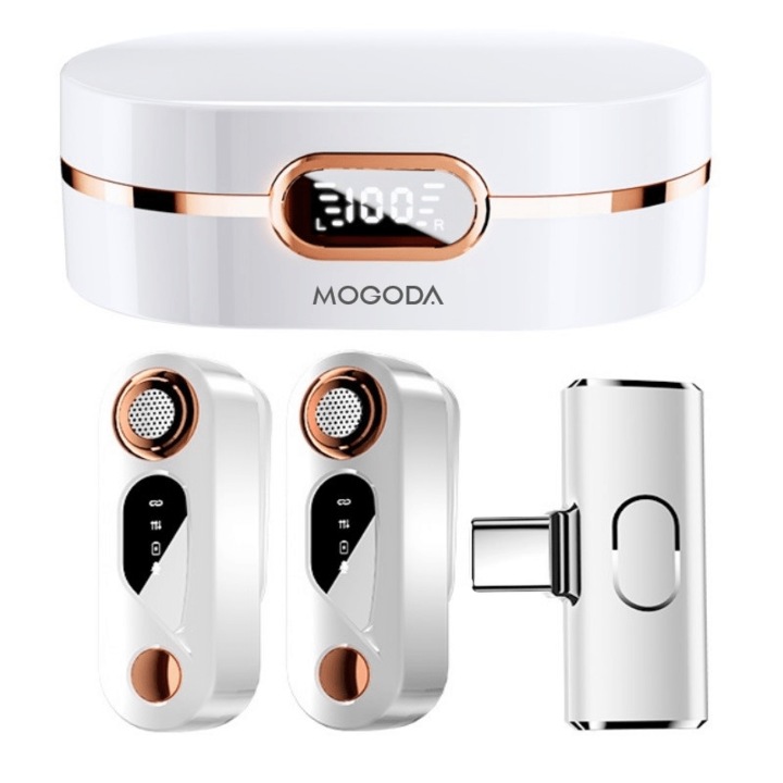 Комплект от 2 петлични микрофона MOGODA USB C Wireless live, Интелигентно намаляване на шума, Акумулаторна, Батерия 500mAh 4h-8h, Видеозапис, Бял