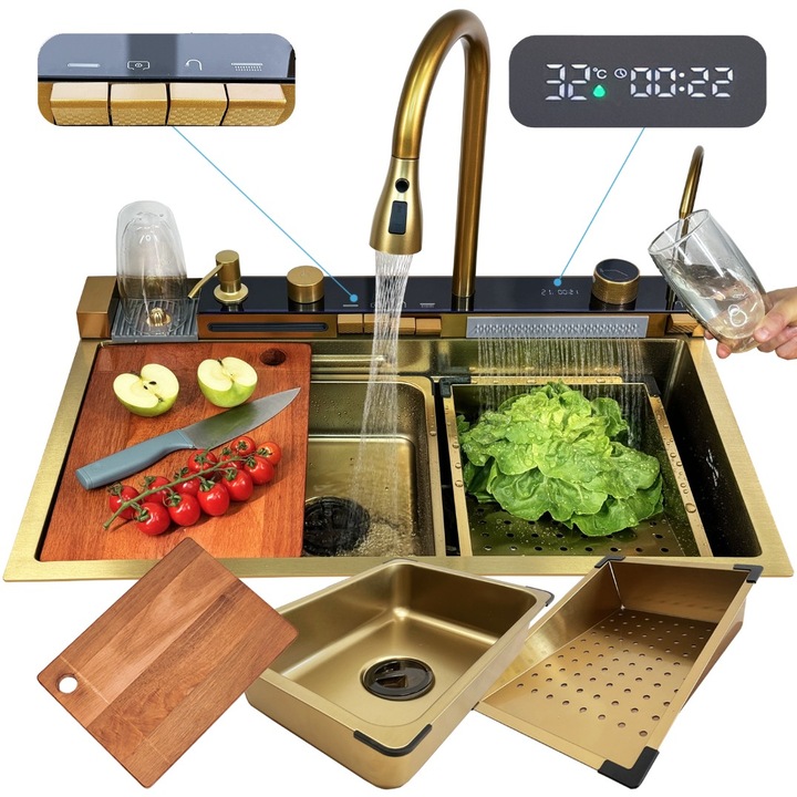 Set Chiuveta Bucatarie Multifunctionala, Techglobe, Tip Lebada, Led, Baterie Cu Dus Extractibil, 3 Functii, 2 Cascade, Spalator Pahare, Cos Spalare Legume, 750 x 450 mm, Otel, Auriu