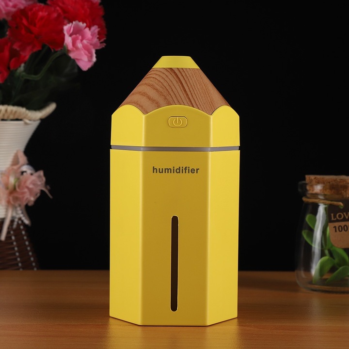 Jormftte hordozható párásító, stilizált kialakítás, 7 LED szín, 230 ml-es űrtartalom, méretek 6,5x7,5x15 cm, irodába vagy autóba