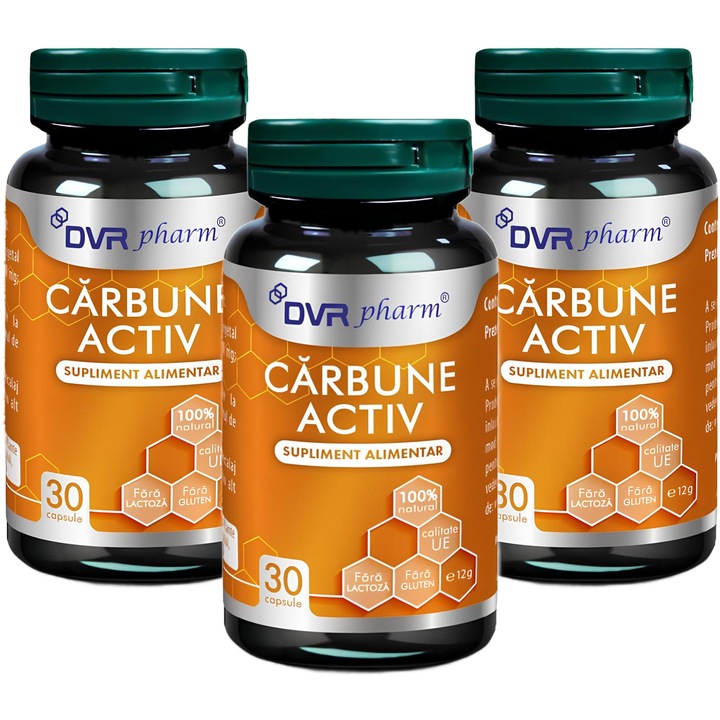 Pachet Carbune activ 300mg, impotriva balonarii, diareei si intoxicatiilor alimentare, 100% natural, 3x30cps, DVR Pharm