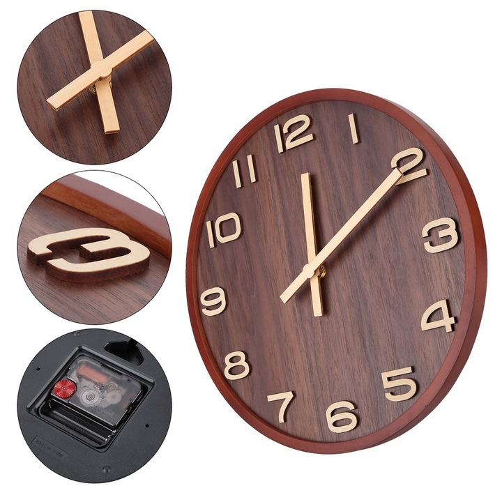 Jormftte falióra, kerek, 30 cm, fekete diófa, hangtalan mechanizmus, minimalista design