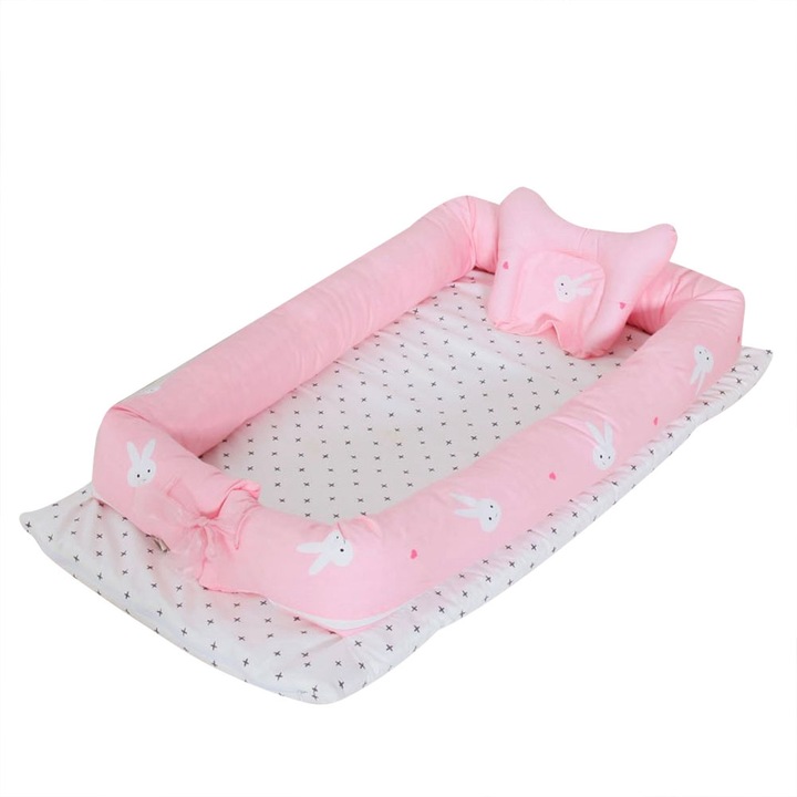 Jormftte babafészek, hordozható kialakítás, pamut, rózsaszín és fehér, mérete 90x55x15cm, 0-24 hónapos babáknak