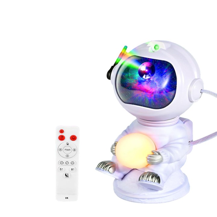 Lampa de veghe copii Luka, proiector LED astronaut, 8 efecte, 7 culori, cu telecomanda, 360°