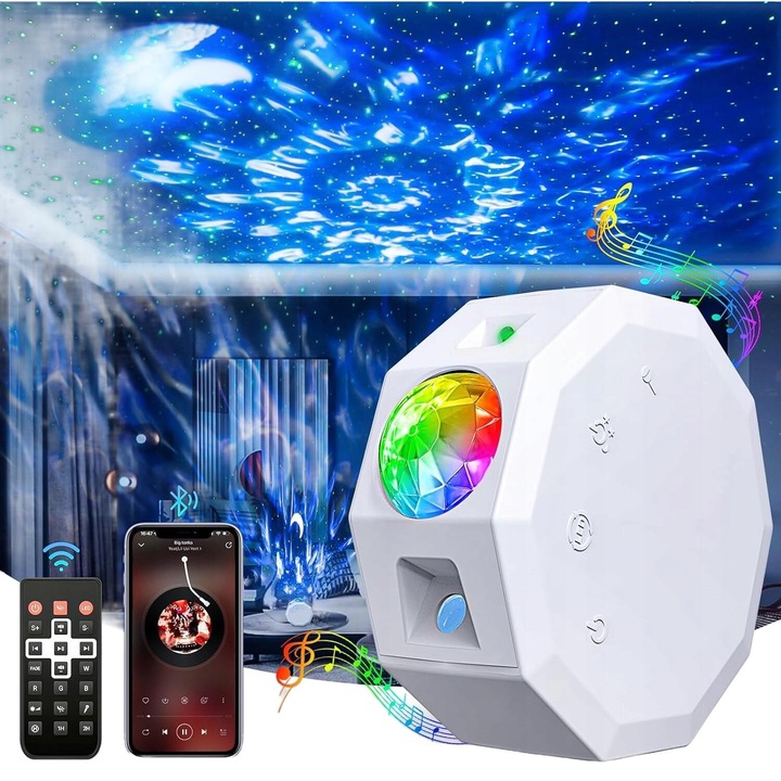 Proiector LED cu difuzor Bluetooth, Luka, 20 proiectii, timer, control de la distanta, multicolor