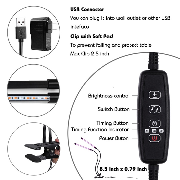 Lampa de crestere LED Jormftte 24W cu 40 LED-uri, rosu si albastru, 5 niveluri de intensitate, brate flexibile