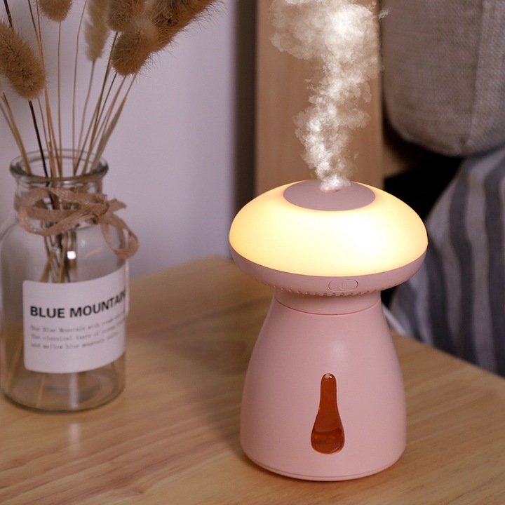 Jormftte hordozható párásító, gomba alakú, 240 ml-es űrtartalommal, rózsaszín színű, LED lámpákkal