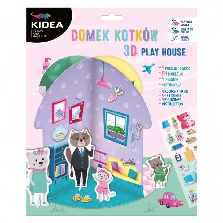 Set creativ pentru copii Kidea, casuta 3D pentru pisici, cu 4 figurine, multicolor