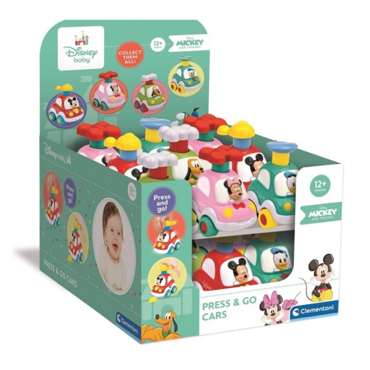 Комплект от 4 коли Disney Press and Go!, Clementoni, цветни, за деца, 12 месеца+