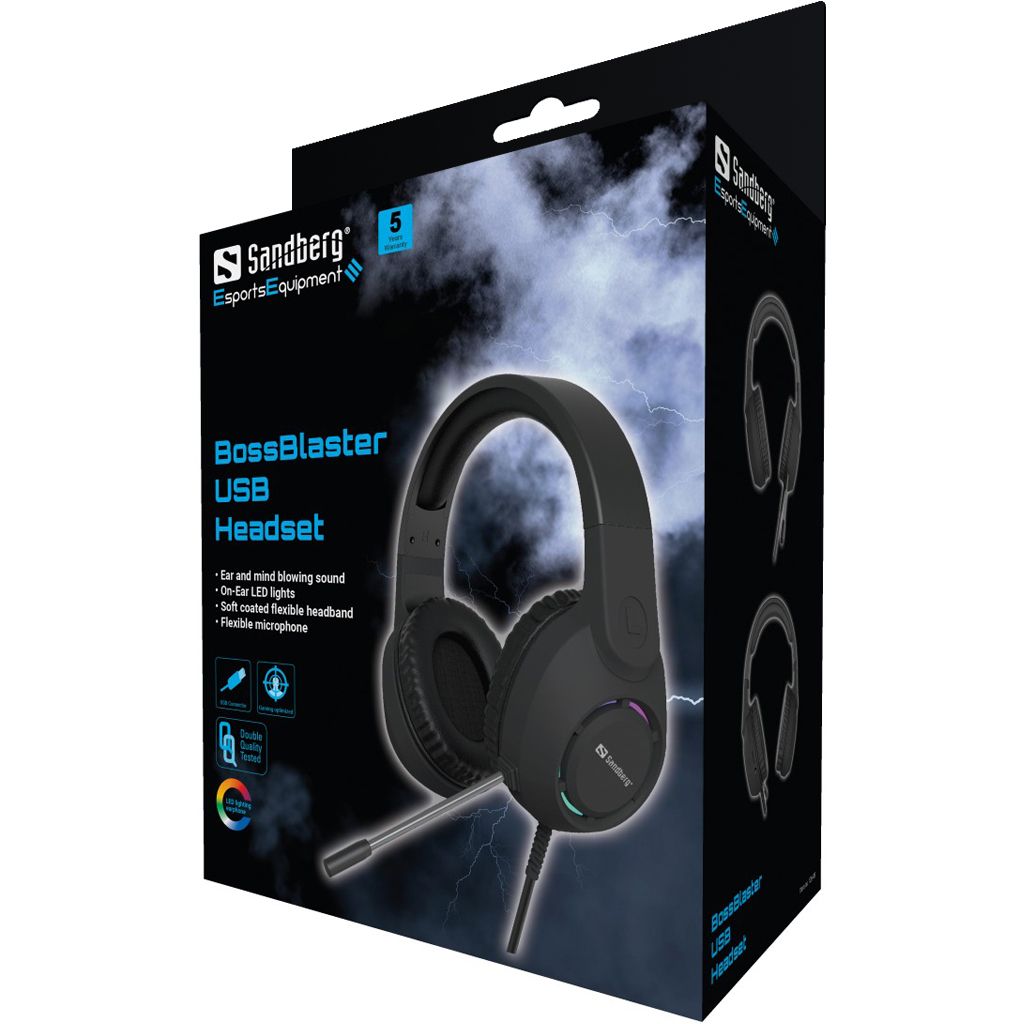 Casti cu fir Sandberg BossBlaster, microfon, RGB, negru, 2m
