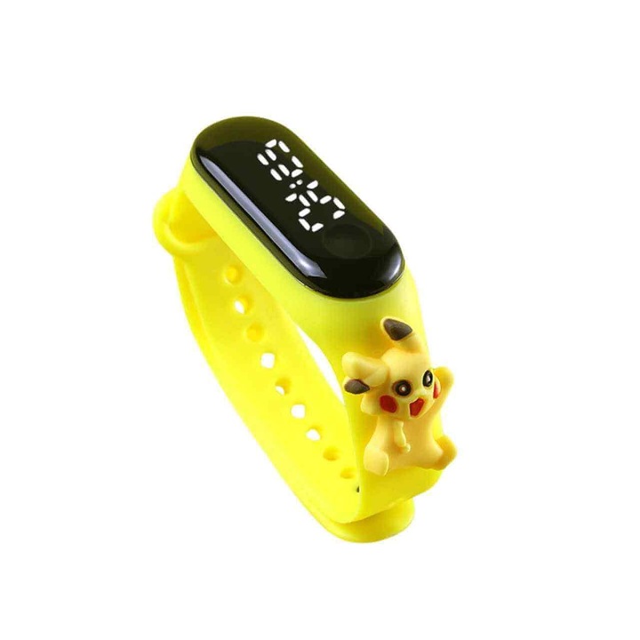 Ceas cu LED pentru copii, Pikachu, curea din silicon, galben