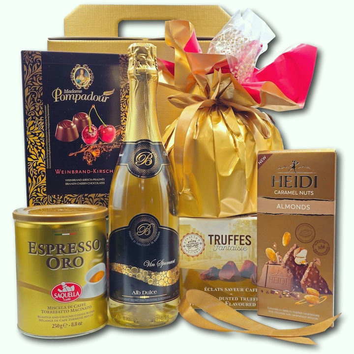 Pachet cadou festiv, CADOURI PREMIUM, model Just Now, cu spumant Bucium, cafea premium Saquella Oro, ciocolata Heidi, praline speciale cu coniac, trufe frantuzesti de ciocolata, panettone, ambalaj si accesorii asortate, potrivit pentru orice ocazie