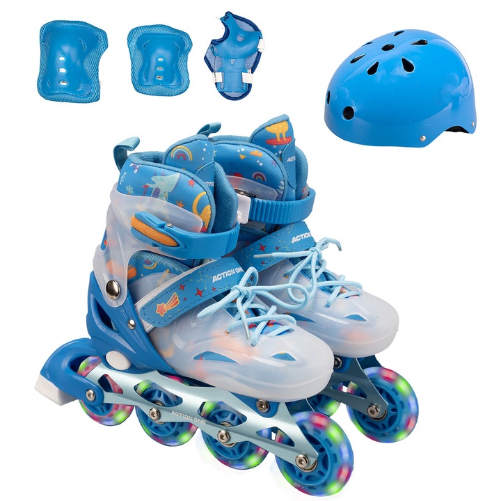 Action One Blue Dinosaur Roller Görkorcsolya szett, sisakkal, könyök/térd védő és hordtáskával, állítható, S méret (26-32), kék