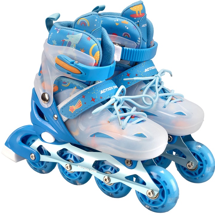 Role reglabile Action One Blue Dinosaur, roti luminoase din silicon, sina aluminiu, marimea M (33-37), blue