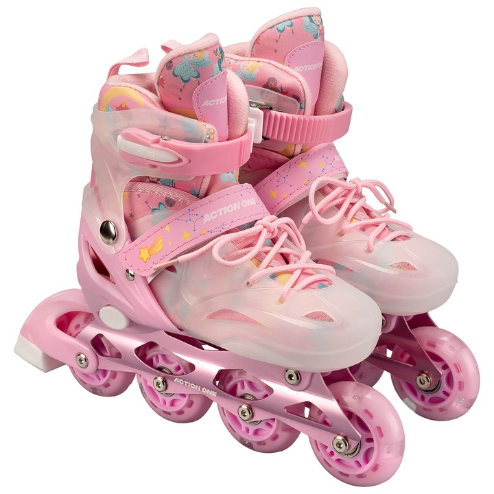 Role reglabile Action One Pink Unicorn, roti luminoase din silicon, sina aluminiu, marimea S (26-32), roz