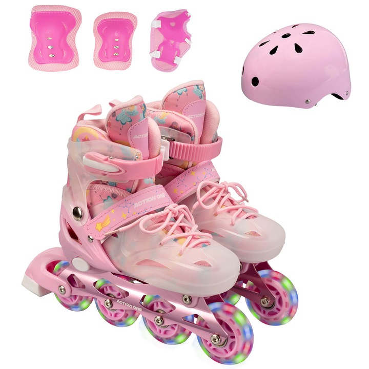 Комплект ролкови кънки Action One Pink Unicorn, размер M (35-38), с каска, предпазители и транспортна чанта, леки колела, розово
