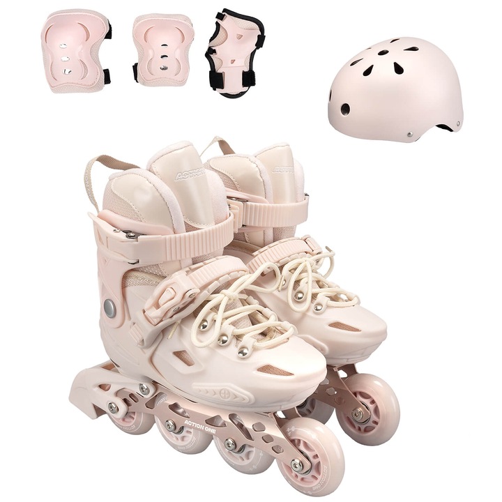 Action One Pastel Tan Görkorcsolya szett, sisakkal, könyök/térd védő és hordtáskával, állítható, M méret (32-35), barna