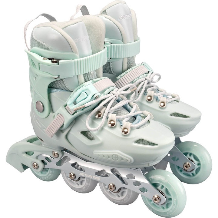 Role reglabile Action One Pastel Mint Green, roti luminoase din silicon, sina aluminiu, marimea M (32-35)