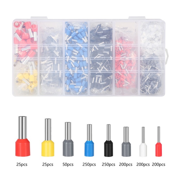 Kit de conectori pentru cabluri, DEWIN, 1200 piese, ferule pentru sertizare, pini de capat pentru conductori electrici, 0,5-10mm