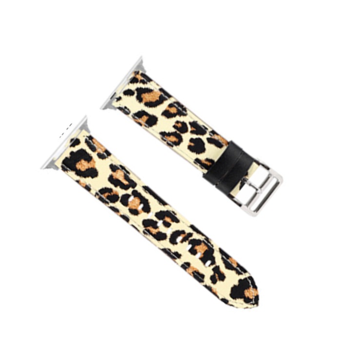 Curea ceas Leopard, Curea Strap de ceas smartWatch, Watch Band, Compatibila cu pentru Apple Watch 1/2/3/4/5/6/7/SE/Nike+ - 42/44 mm, Curea sportiva, imprimata, imprimeu leopard, Confortabil si purtabil, din piele, Portocaliu maro