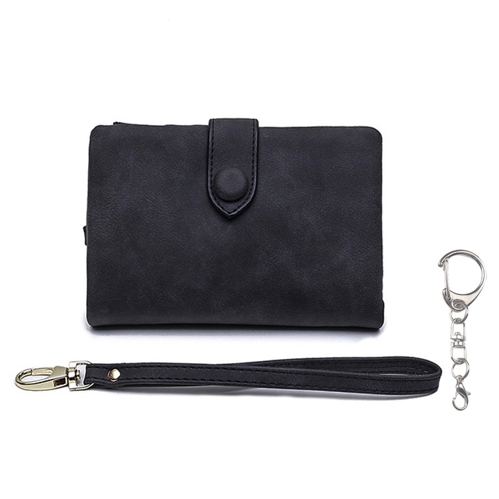 Дамски портфейл, SIBINTA, С D-образна катарама, С гривна и метален цип, 11 слота за карти, множество отделения, Голям капацитет, За пътуване, Ежедневие, Естествена кожа, 13,5x9,5x3 см, Черен