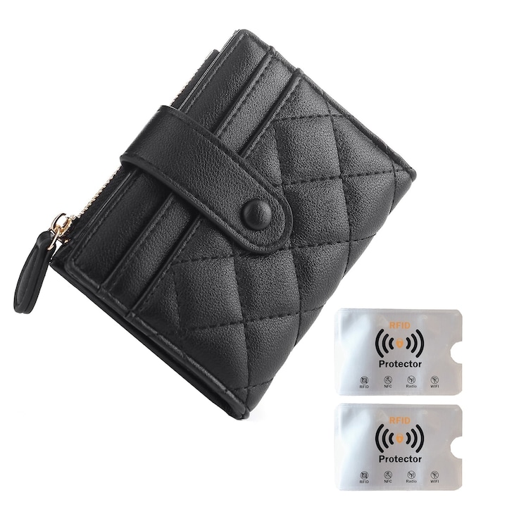 Дамски портфейл, SIBINTA, С две поставки за карти, 6 слота за карти, множество отделения, Голям капацитет, За пътуване, Ежедневие, Естествена кожа, 11,5x9x3,5 см, Черен