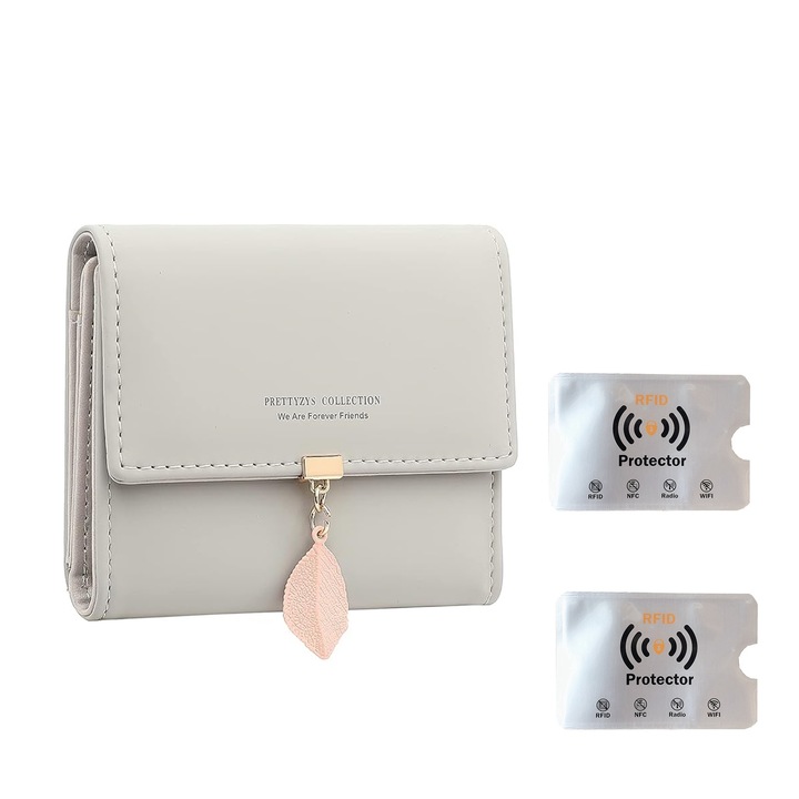 Дамски портфейл, SIBINTA, С две поставки за карти, 3 слота за карти, 1 слот за големи банкноти, 1 слот за снимки, 2 секретни отделения, 1 отделение с цип, Голям капацитет, За пътуване, Ежедневие, Естествена кожа, 11x8x2 см, Сив