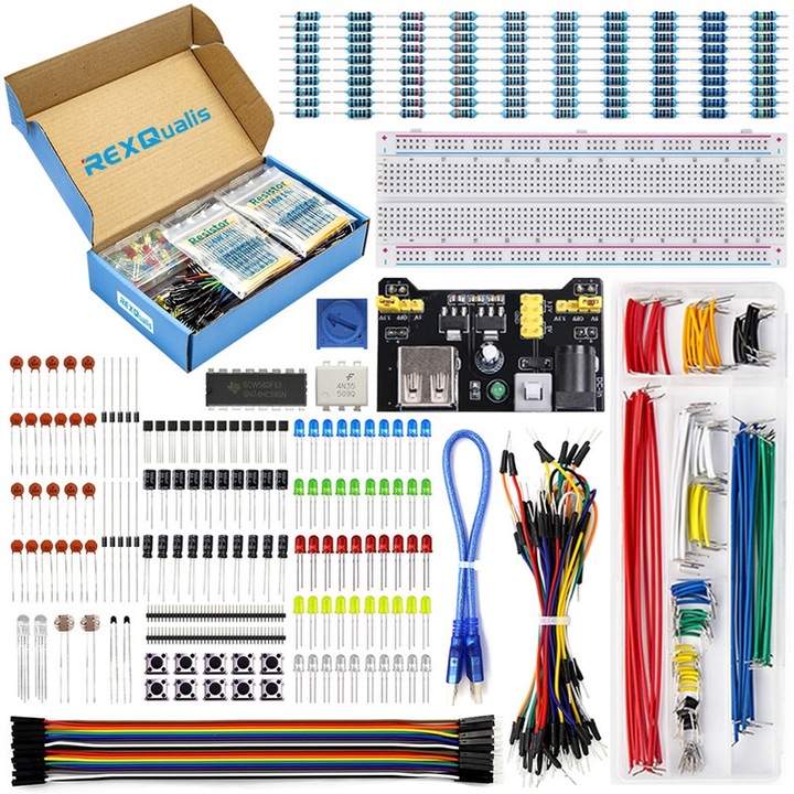Комплект електронни компоненти REXQualis, 400+ части, Breadboard 830 точки, светодиоди, резистори, многоцветни