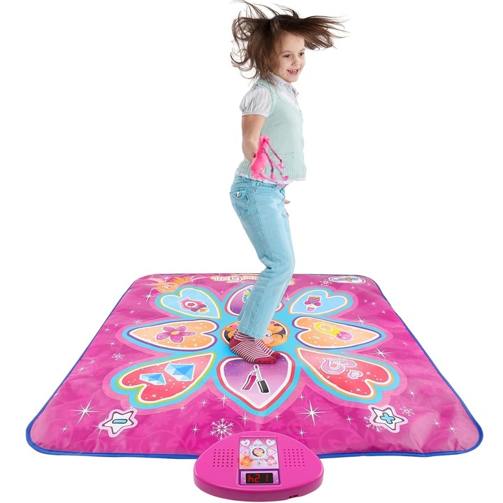 Covor Muzical Electronic, Hggzeg, 7 moduri de joc, Volum adjustabil, Cu trei baterii AA, Impermeabil, Rezistent la alunecare, Usor de curatat, ABS/PE, 90x90cm, Roz