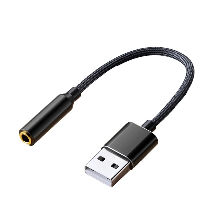 USB-Mini Jack 3,5 mm-es hangkártya adapter, Axroad Mall, Plug and Play, Intelligens zajcsökkentés, Könnyen használható, Fejhallgatóhoz, Mikrofon, PS4/5, Alumínium/Nylon, Fekete