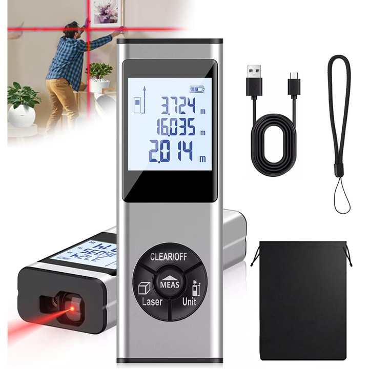 Lézeres távolságmérő 100 m, Folixs®, 250mAh, Újratölthető, Lézeres célkereszt funkcióval, LCD kijelző, Pontosság ± 2 mm, Szög, terület, távolság, térfogat és Pitagorasz-mérési módok, Ezüst