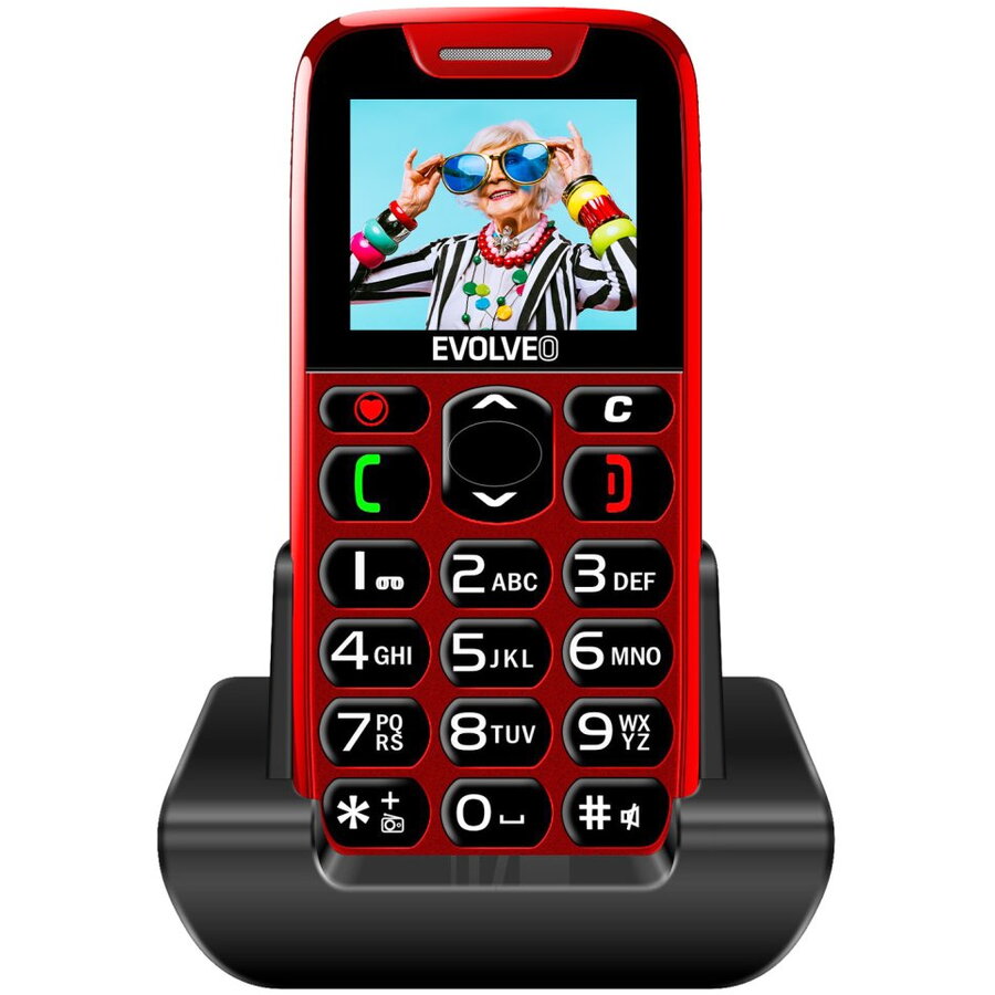 EVOLVEO EasyPhone, telefon mobil pentru seniori cu suport de incarcare, rosu