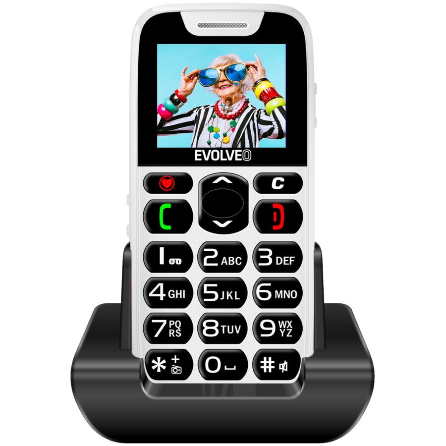 Evolveo EasyPhone, telefon mobil pentru seniori cu suport de incarcare, 32 MB, 2G, Alb