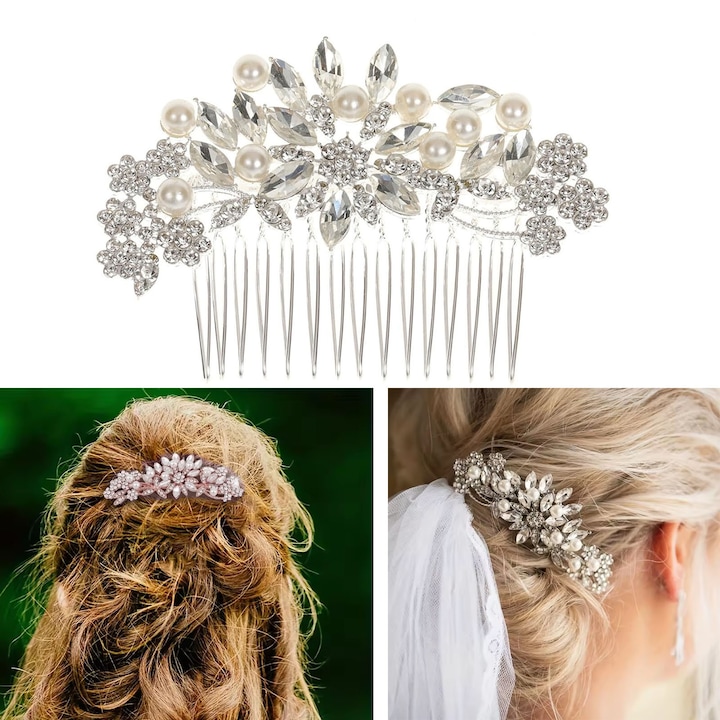 Accesoriu de par pentru mireasa, SINBINTA, Cu cristale stralucitare, Rezistenta la uzura, Usor de asortat, Reutilizabile, Rafinata si eleganta, cravata de par nu se desprinde usor, perle artificiale, Argintiu/Alb