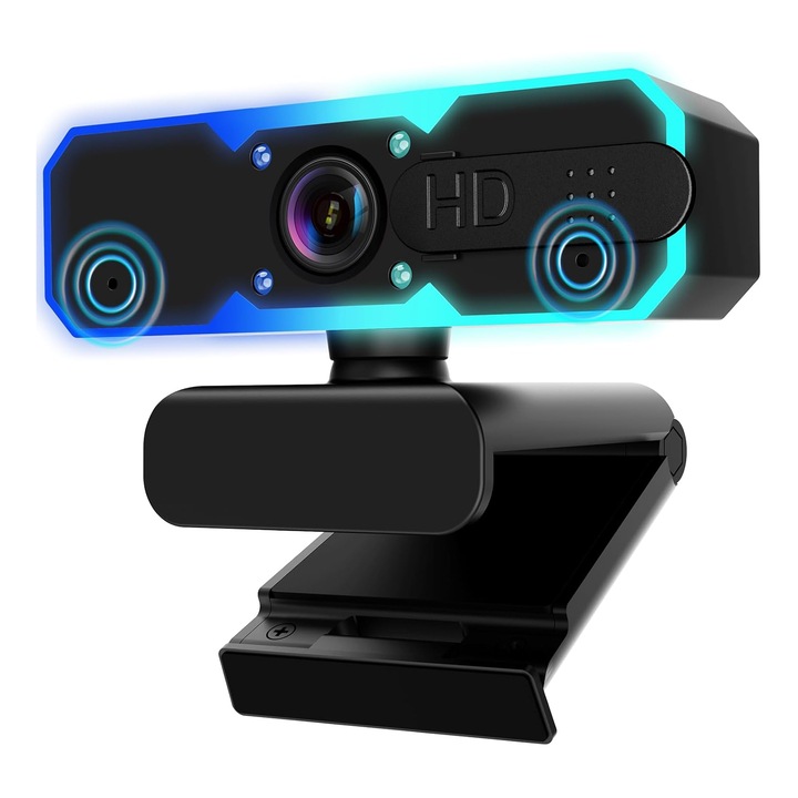 Camera Web, JFYU, 1080P 60FPS Gaming PC Webcam, cu Microfon, Autofocalizare, Corectie de Lumina, 4 Lumini, 7 Culori lumina RGB, 1.7M Cablu, Compatibila cu Laptopuri si Desktopuri, Negru