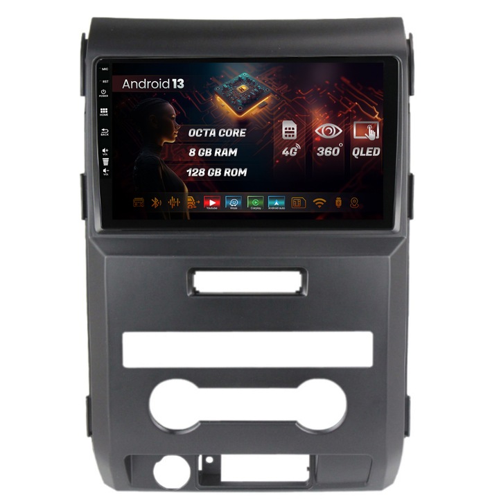 Navigáció HUB64 Ford F150 (2008-2014), 8GB RAM, Android 13, Octacore, SIM foglalat 4G, DSP, GPS, Wi-Fi, Carplay, Android Auto, USB, Bluetooth, Waze, Érintőképernyő, 9 hüvelykes
