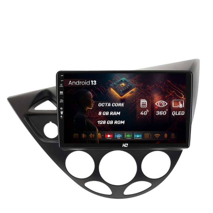 Navigatie HUB64 Ford Focus 1 (1998-2004), 8GB RAM, Android 13, Octacore, Slot Sim 4G, DSP, GPS, Wi-FI, Carplay, Android Auto, USB, Bluetooth, Waze, Touchscreen, 9 Inch