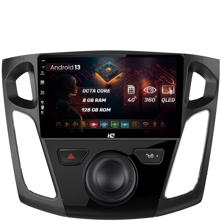 Navigáció HUB64 Ford Focus 3 (2011-2019), 8GB RAM, Android 13, Octacore, SIM kártyahely 4G, DSP, GPS, Wi-Fi, Carplay, Android Auto, USB, Bluetooth, Waze, érintőképernyő, 9 hüvelyk
