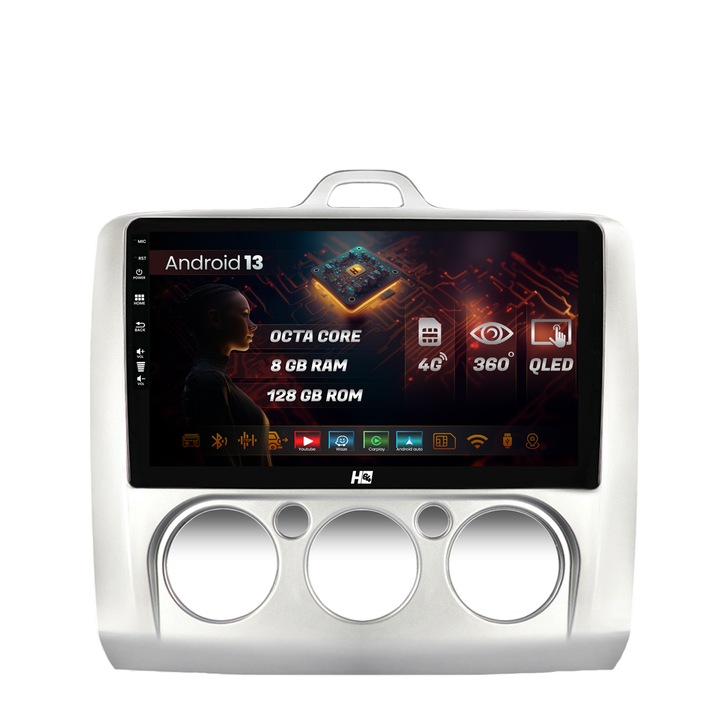 Navigatie HUB64 Ford Focus MK2 (2004-2011), Manuális klíma, 8GB RAM, Android 13, Octacore, Sim foglalat 4G, DSP, GPS, Wi-Fi, Carplay, Android Auto, USB, Bluetooth, Waze, Érintőképernyő, 9 hüvelyk