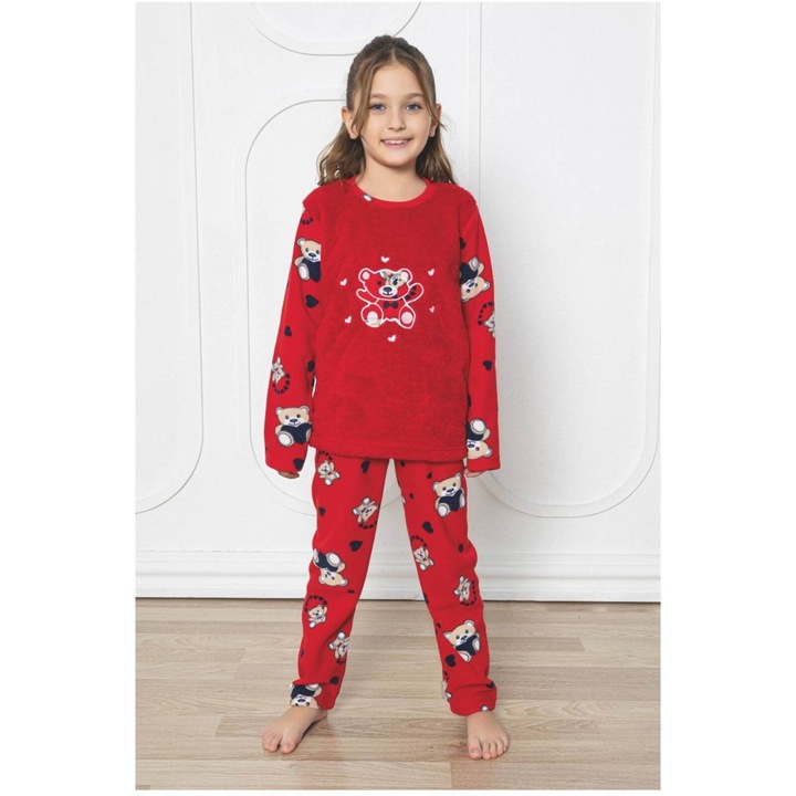 Pijama fete cocolino, pufoasa si calduroasa, imprimeu Ursulet fericit, rosu 610 7820, Rosu