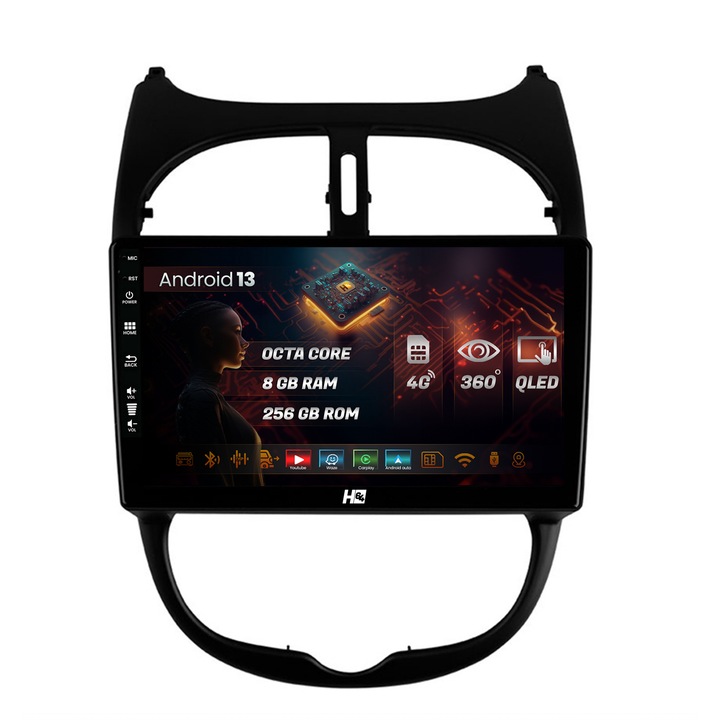 Navigáció HUB64 Peugeot 206 (1998-2012), 8GB RAM, Android 13, Octacore, SIM foglalat 4G, DSP, GPS, Wi-Fi, Carplay, Android Auto, USB, Bluetooth, Waze, Érintőképernyő, 9 hüvelyk